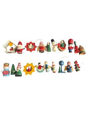 Set 20 Vintage Mini Wood Christmas Ornaments Strings Different Estate 2" - 2.5"